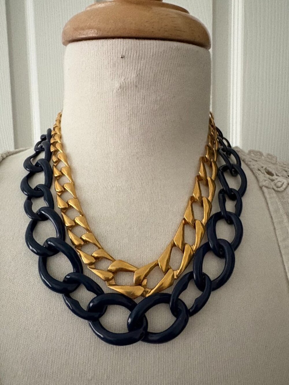 Two Vintage Status Link Necklaces Gold Tone Napier Blue Enamel Monet